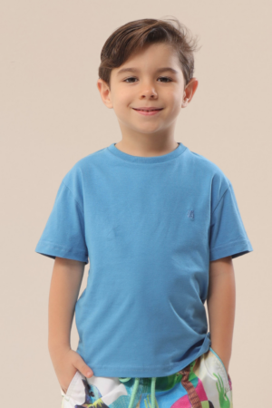 Camiseta Infantil Careca Lisa Regular Fit com Bordado Azul Jeans