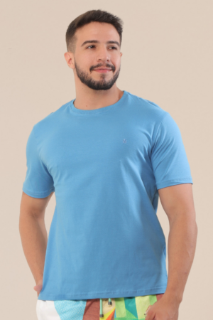 Camiseta Adulto Careca Regular Fit  Azul Jeans com Bordado no Peito