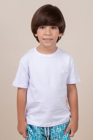 Camiseta Infantil Careca Lisa Regular Fit com Bordado Branca