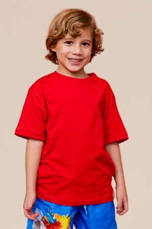 Camiseta Infantil Careca Lisa Regular Fit com Bordado Vermelha