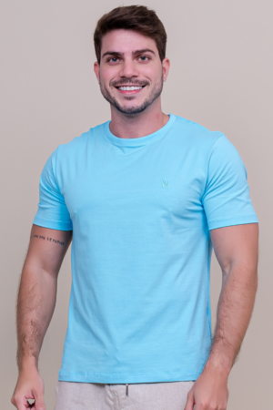 Camiseta Adulto Careca Regular Fit Azul Claro com Bordado no Peito